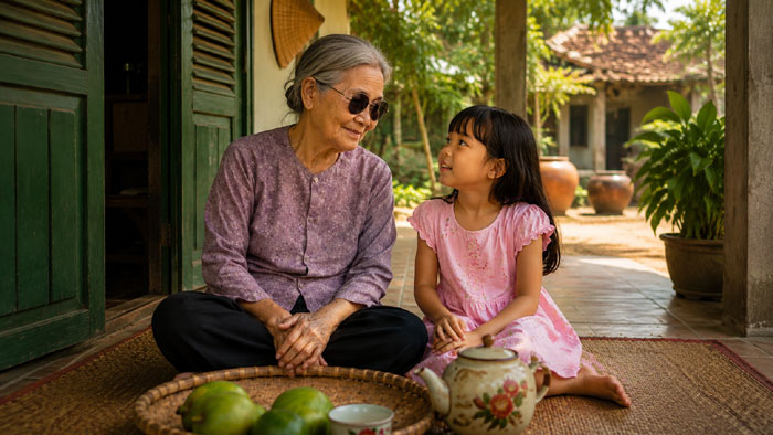 Tôi tạo hình ảnh bạn nhỏ đến thăm bà cụ bị mù để giáo dục lòng nhân ái cho học sinh